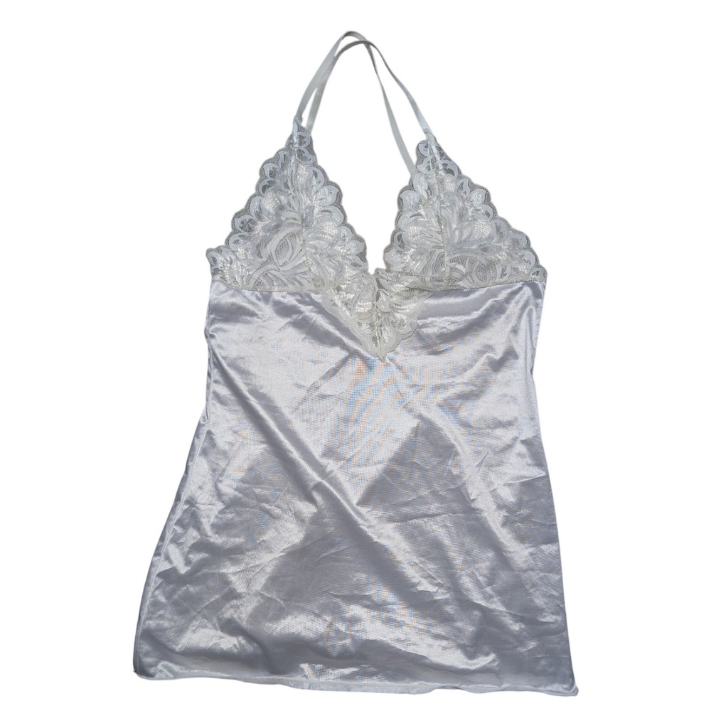 Medium white satin lace full slip adjustable low back mini dress lingerie